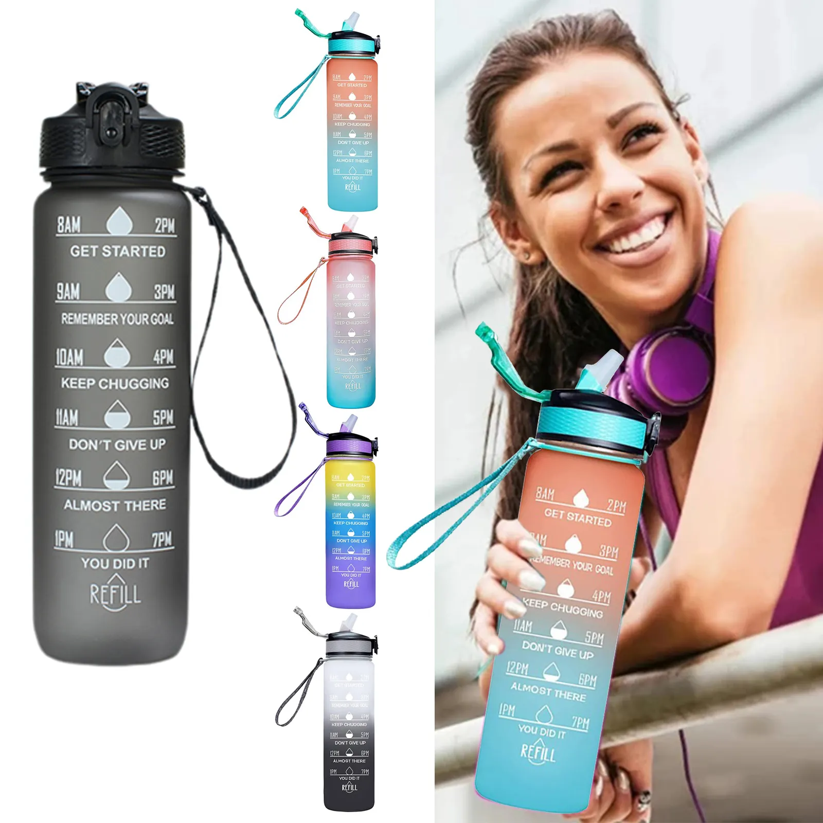 Sızdırmaz Tritan BPA ücretsiz 1l spor açık spor su sürahisi ile zaman işaretleyici büyük plastik motivasyon su şişesi