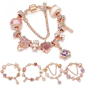 9 desenhos diy joias rosa ouro banhado a ouro rosa cristal contas folhas laço charme pulseira roxo coroa pingente pulseira