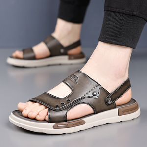 Jooq Sandalias planas para hombre con punta abierta, suela de goma de cuero genuino, zapatos informales antideslizantes de verano - Product Image 2
