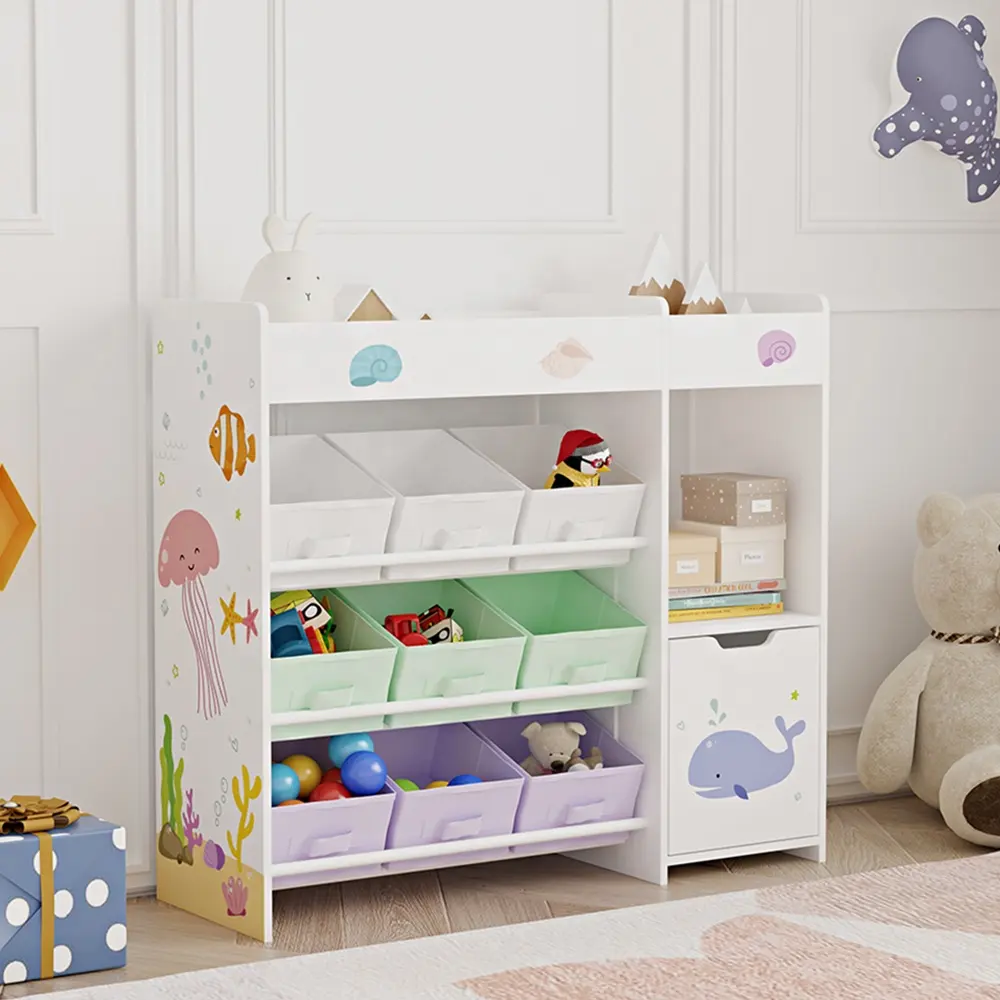 Children toddler home bookshelf wood storage kids cabinet toy organizer with 9 fabric bin