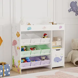 Children Toddler Home Toy Organizer Bookcase Wood Book Storage Cabinet Kids Bookshelf With 9 Fabric Bin