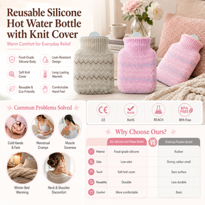 Custom Logo <b>Reusable</b> Silicone Hot Water Bottle with Knit Cover OEM ODM Warm Heating Bag for Winter Home Use - Product Image 1