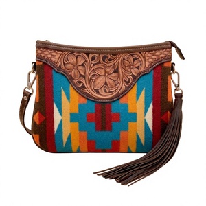 Lady Genuine Leather Lightweight Bohemian Single <b>Strap</b> <b>Shoulder</b> Bag Geometric Pattern Tassel Decoration Zipper Closure Travel - Product Image 1