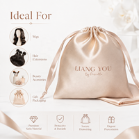 Pochette en satin champagne à cordon personnalisable avec logo imprimé, sac cadeau réutilisable pour bijoux, idéal pour les faveurs de mariage, l'emballage de cheveux et le rangement de perruques