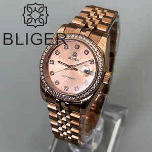BLIGER NH05 Montre-bracelet <span class=keywords><strong>automatique</strong></span> de luxe en or rose pour <span class=keywords><strong>femme</strong></span> 31mm Cadran Sunburst Diamond Bezel Day Mark Bande en acier inoxydable Diver - Product Image 1