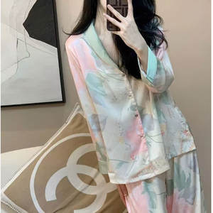 Ropa de dormir personalizada para mujer, conjunto de pijamas con cintura elástica y botones estampados, pantalones largos, pijamas para mujer - Product Image 5