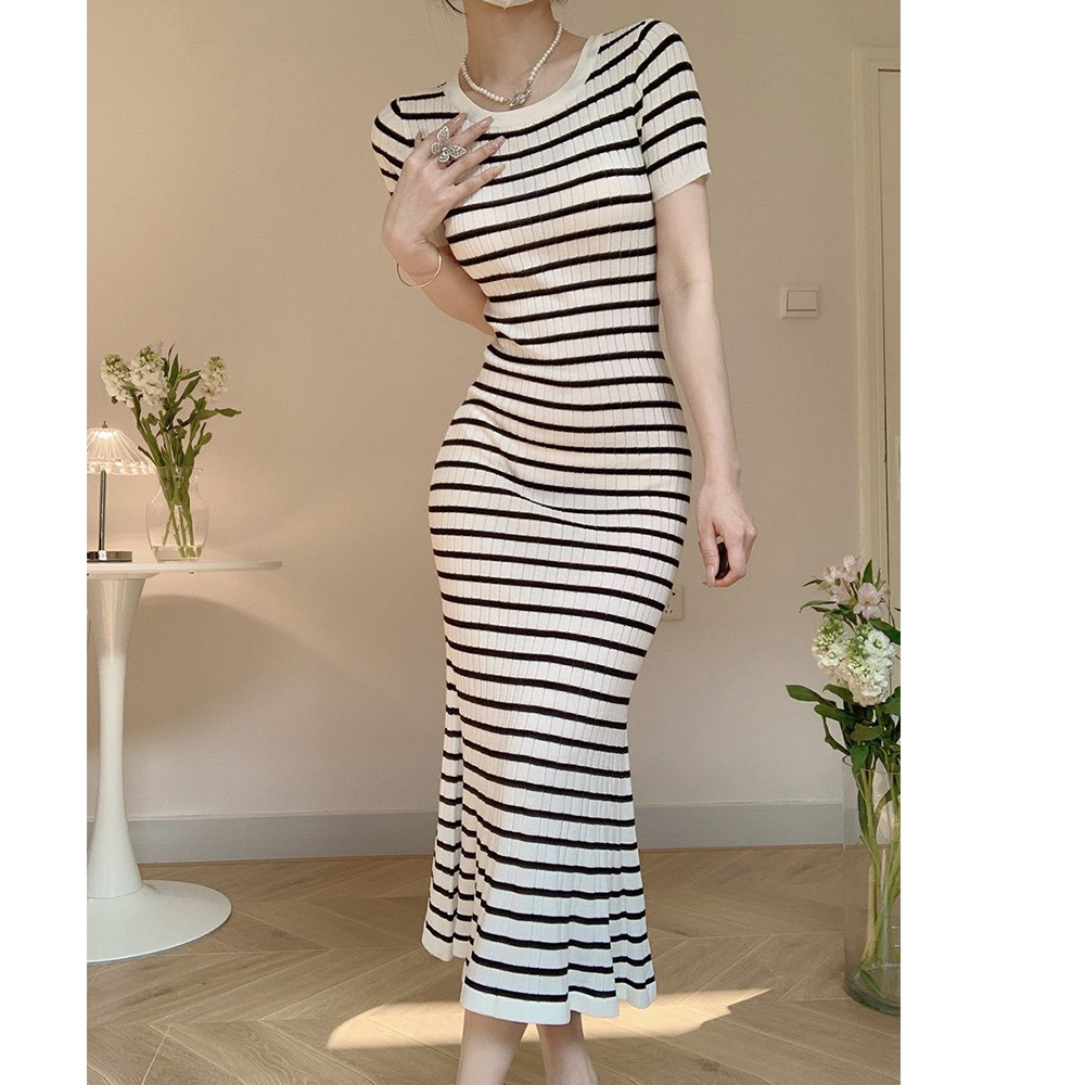 Summer striped long skirt knitted short-sleeved dress women's tight slimming knitted hip-hugging long dress