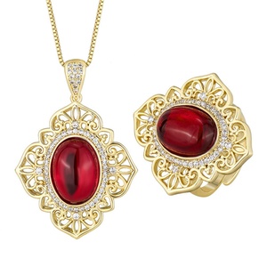 Parures de bijoux vintage écologiques en cuivre 10*14mm avec zircon rouge, design rétro ajouré, hypoallergéniques, bijoux haut de gamme - Product Image 1