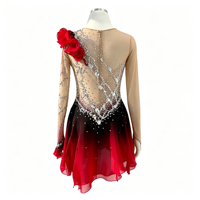 Robe de patinage artistique dégradé rouge et noir avec strass et maille, manches longues, pour enfants et adultes, tenue de performance pour compétition sur glace