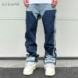 Custom Carpenter Design Y2K Vintage Straight Fit Mens Baggy Jeans Blue Washed Denim Pants With Distress Loose Stack Jeans