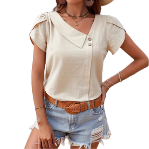 Women's <b>Linen</b> Blouse With Peter Pan Collar Cap Sleeve Solid Color Button Front Casual <b>Top</b> Spring Summer Breathable Regular Fit - Product Image 1