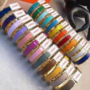 Gelang Bangle H merek Enamel Logo kustom gelang persegi lebar 8mm atau 12mm berlapis perak emas mawar baja tahan karat huruf H