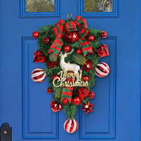 Guirnalda Artificial de Navidad en Forma de Lágrima con Lazo a Cuadros, Letrero de Reno, Bolas y Estrellas para Decoración Navideña de Puerta Principal y Hogar
