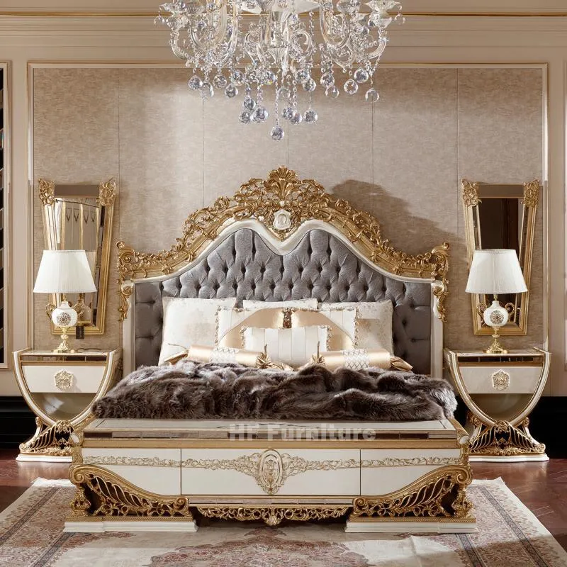 سرير رومانسي فرنسي أثاث فاخر ، أسرة خشبية منحوتة يدوية عتيقة ، أسرة ملك