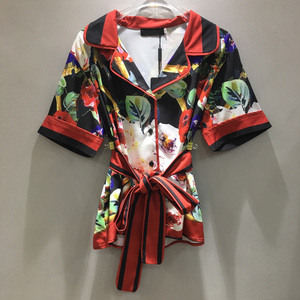 Women Premium Designer Floral Blouse Tie Waist Shirt Elegant Summer Top Lightweight - Product Image 1