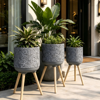 Ensemble de pots à plantes en fibre d'argile de 3 tailles, design minimaliste moderne avec pieds en bois naturel, utilisation intérieure/extérieure pour les plantes de la maison et du jardin