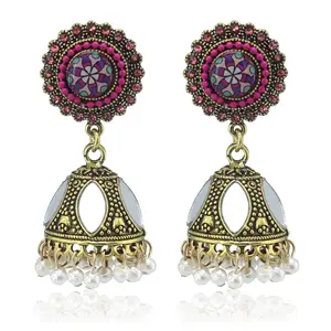 Elegante desgaste Faux Kundan tachonado Floral esmalte indio Jhumki pendientes colgantes joyería de moda étnica para mujeres