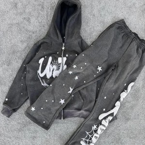 Custom Distressed Acid Wash Oversized Zip up Puff Printing Sweatpants and Hoodie <b>Set</b> Boxy Cropped Screen Printing Streetwear - Product Image 1