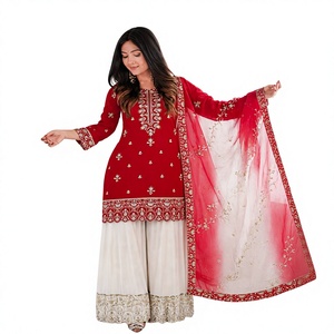 Red Embroidered <b>Kurta</b> Set With White Palazzo And Net Dupatta Women Traditional Ethnic <b>Indian</b> Pakistani Wedding Wear Regular Fit - Product Image 1