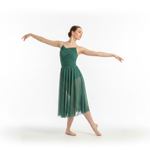 Robe de danse lyrique vert foncé pour filles, costume de ballet contemporain, jupe en tulle fluide, performance scénique, Spandex/Nylon - Product Image 1