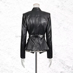 Top de Traje para Mujer, Negro, de Piel Sintética PU, con Cinturón, Peplum Entallado, con Hebilla Dorada y Detalle de Bolsillo, a la Moda - Product Image 5