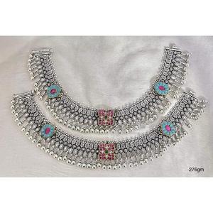 Tobilleras étnicas de plata pura Jaipuri con trabajo de Ghungroo y esmalte - Product Image 1