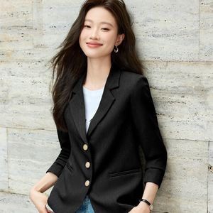 Women's Black Short Blazer Solid Color Polyester Anti-Wrinkle Casual Suit Jacket For Petite Women - Product Image 3