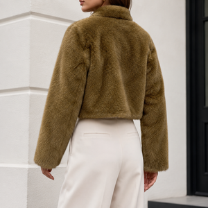 Abrigo corto casual de invierno para mujer, cálido, con cuello mandarín, de una sola botonadura, de piel sintética, teñido liso, holgado, estilo Teddy - Product Image 2
