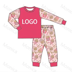 Red heart pattern Valentine's Day Children Custom Prints Pajamas 2PCS Set Kids Long Sleeve Cartoon milk silk pyjamas Set