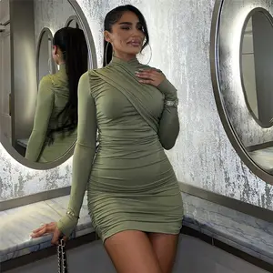 X08530C Ruched Mini Bodycon Dresses for Women Clothes Fashion Trends 2023 Fall Green Black Long Sleeve Dress Clubwear