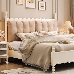 Light French Style Solid Wood <b>Double</b> <b>Bed</b> 1.8m Platform Frame Soft Headboard Creamy Korean Style Girl's <b>Bed</b> - Product Image 1