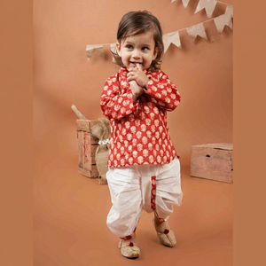 พิมพ์ลาย kurta ผ้าฝ้ายสีแดงกับ dhoti สำหรับเด็กผู้ชาย-T-RED Booty kurta - Product Image 1