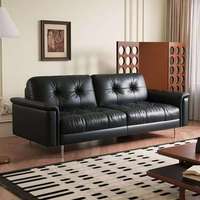 Mid-Century 4-Punkt-Knopfheftung Vollnarbenleder 3-Sitzer-Sofa mit Schlanken Chrom-Metallbeinen