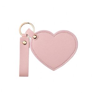 PU Leather Pocket Makeup Mirror Compact Heart Shape Mirror <b>Keychain</b> Rotating Mirror Keyring - Product Image 3
