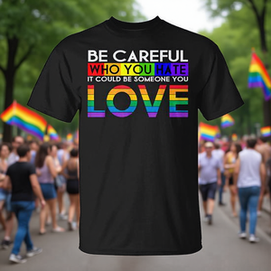 Camiseta LGBT Pride Rainbow, cuidado con con quién odias, mensaje de amor, negra, unisex - Product Image 3