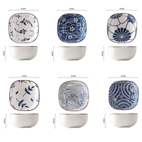 Assiettes carrées en céramique rétro pour restaurant, bleu et blanc, petit plat, vaisselle, plat à sauce soja, plat à assaisonnement avec boîte cadeau