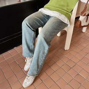 Jeans Rectos Runqi Azul Retro Talla Grande para Mujer, Algodón Medio, Detalle de Cierre N8753 - Product Image 1