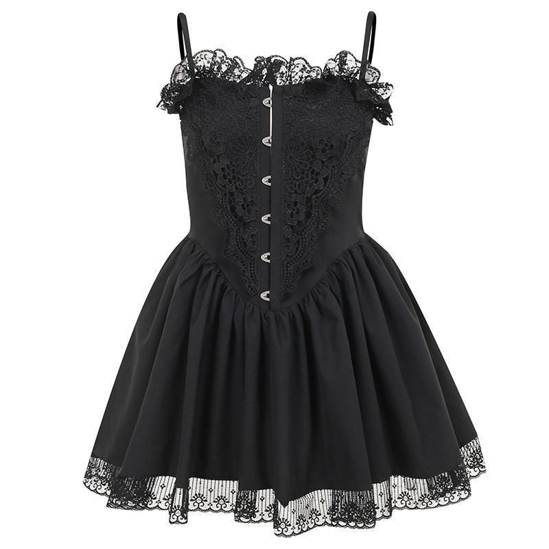 Dark Series Lolita Goth Emo Schwarzes Spitzen kleid Gothic Kleidung Frauen