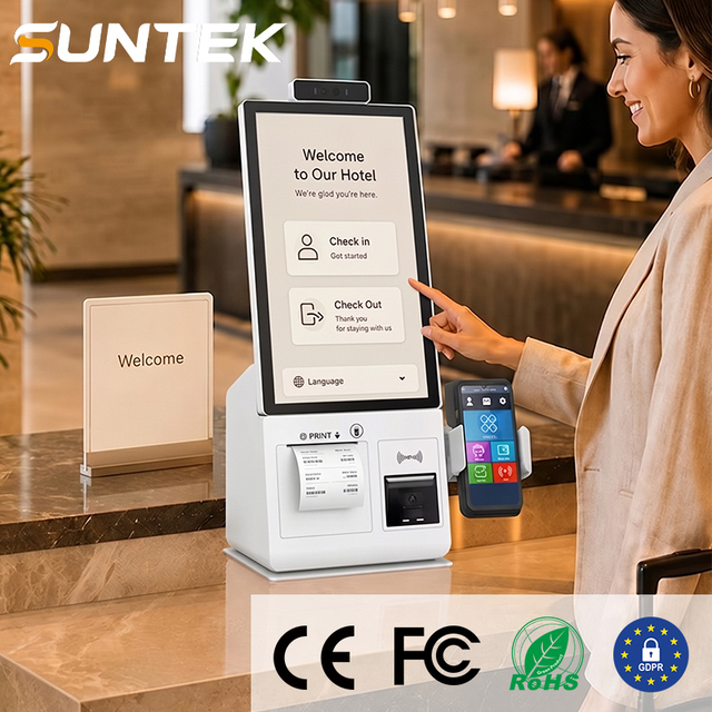 SUNTEK Hotel Self Service Check in Out Kiosk 15.6 Inch Countertop Smart Hospitality POS Terminal for PMS Intergration