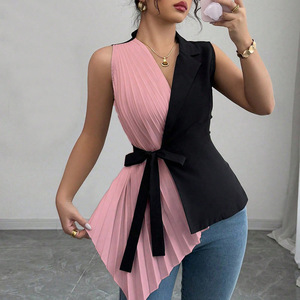 เสื้อเชิ้ตผูกเอวแบบอสมมาตรคอวีสีบล็อกสำหรับผู้หญิงแฟชั่น - Product Image 1