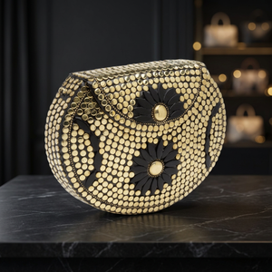 Sac à main en laiton doré avec incrustations en résine, motif floral noir, bandoulière chaîne, idéal pour les fêtes et mariages, sacs faits main |   Artisanat en résine de qualité supérieure - Product Image 1