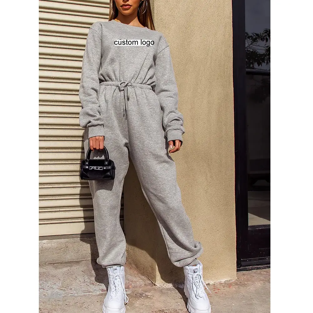 sweat suit custom chinese clothing manufacturers ladies grey embroidered long sleeve jumpsuit for women