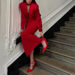 Nuevo Diseño, Vestido de Cena Personalizado de Alta Calidad, Vestido Largo Elegante de Lino y Algodón con Escote Profundo en V y Manga Larga para Mujer - Product Image 2