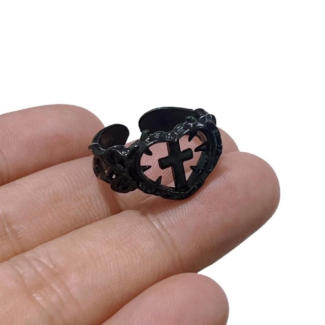New Plated Silver Abbey Cross Heart Ring Gothic Retro Niche Dyed Black  Style Cross-border Ring