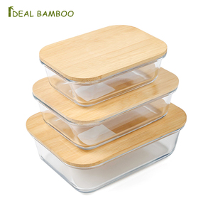 Microwave Oven Safe Rectangle Set of 3 Fruit Salad Bowl High Borosilicate Glass Food Storage Container Lunch box with Bamboo lid
