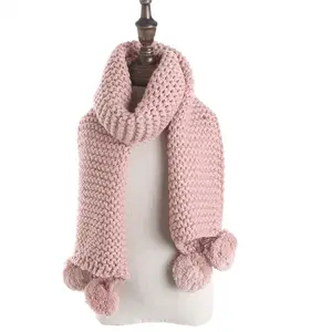 Custom kids scarf High quality Solid color Acrylic knitted pompom children scarf for winter