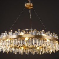 Lustre LED à tiges de cristal à étages, suspension de luxe en verre K9 avec anneaux prismatiques, applique murale en laiton doré pour grand hall d'entrée et villa