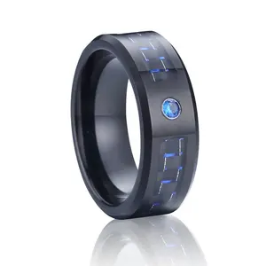 定制蓝色cz moissanite黑色钻石碳纤维戒指石材时尚碳化钨戒指男女男性8毫米