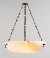 Lustre suspendu vintage de designer Burton, en albâtre espagnol, pour plafond, rond, pour villa, salon, en laiton antique et bronze