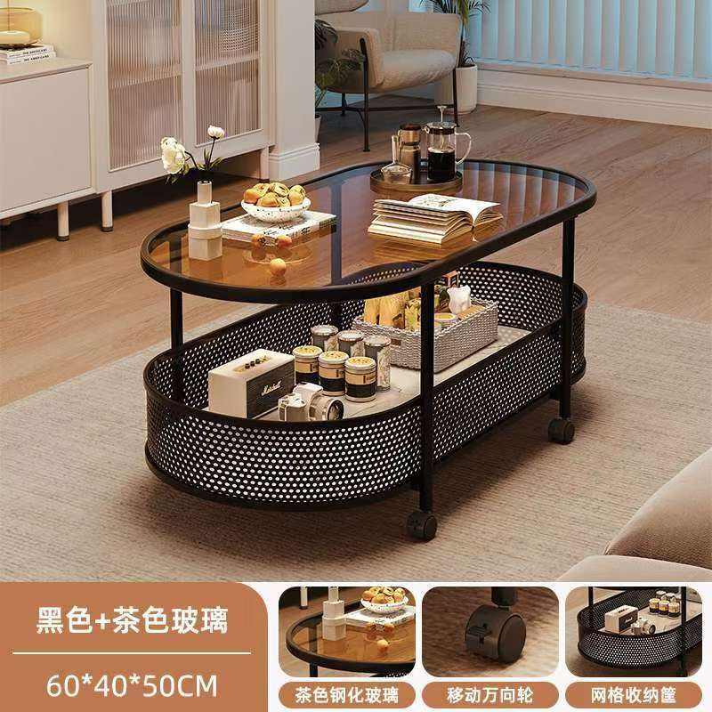 [สีดำ/สีน้ำตาล] โต๊ะกาแฟเคลื่อนย้ายได้ 2 ชั้น 60*40*50 มม
